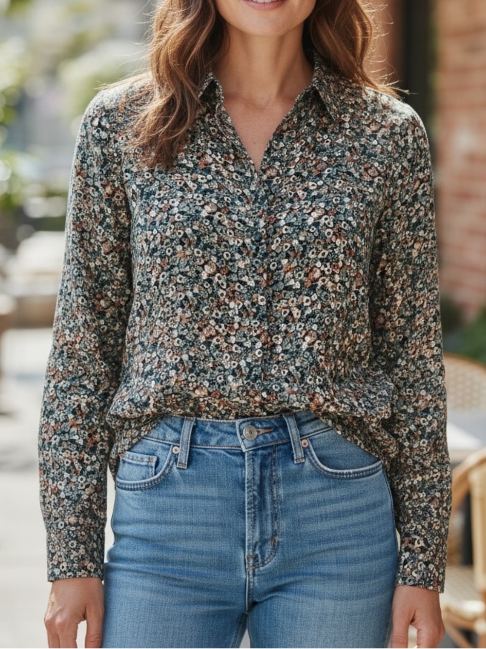 Indi & Cold Floral Button-Front Long-Sleeve Shirt - Green Multi